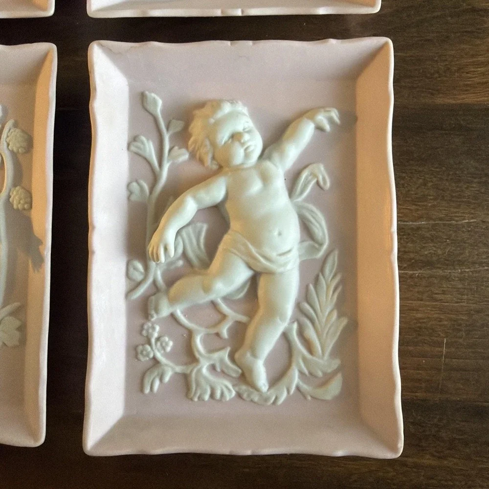 Full set of 4 Vintage Bisque wall plaques with white cherubs - Andrea by Sadek